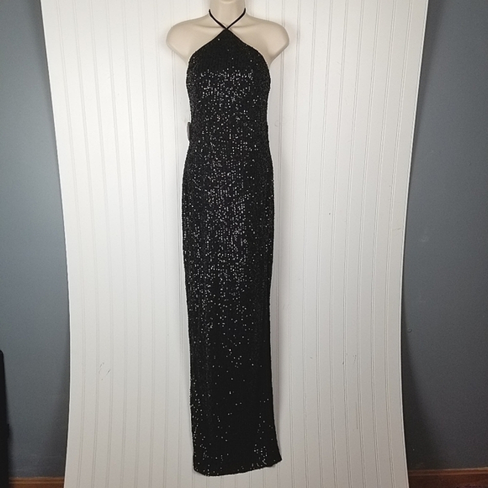 Maniju Halter Neck Sequin Side Slit Maxi Dress Black Prom Small NWT Style UN2132 - Picture 2 of 14